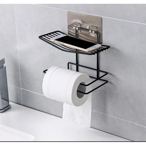 Wrought Iron Wall Mounted Toilet Paper Roll Holder with Phone or Soap Shelf